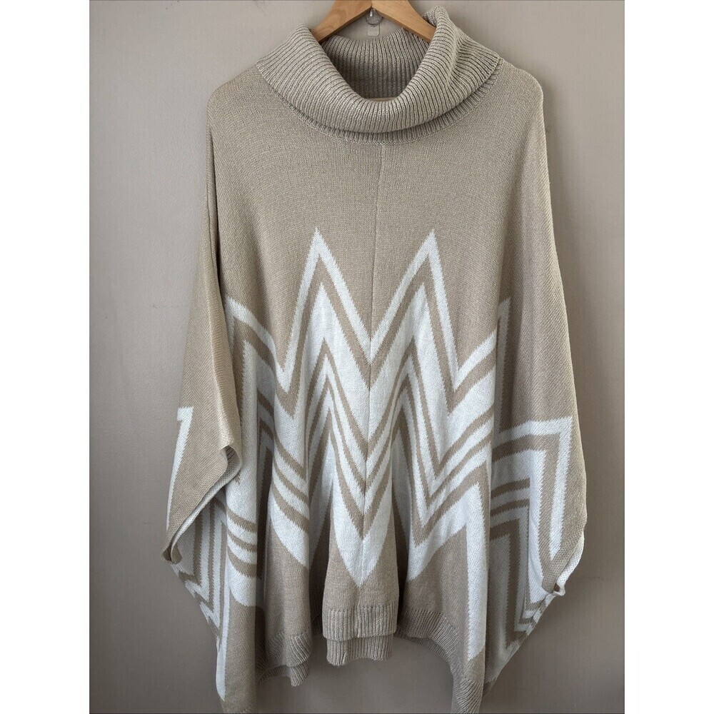 Ava & Vic Women’s Beige Brown Zigzag Turtleneck Poncho One Size Knit Cozy
